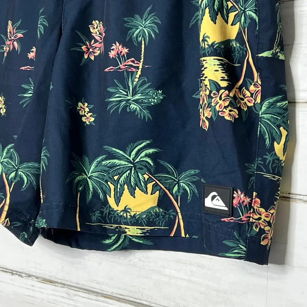 Quiksilver Size XL Tropical Board Shorts Navy Palm Tree Print Swim Trunks